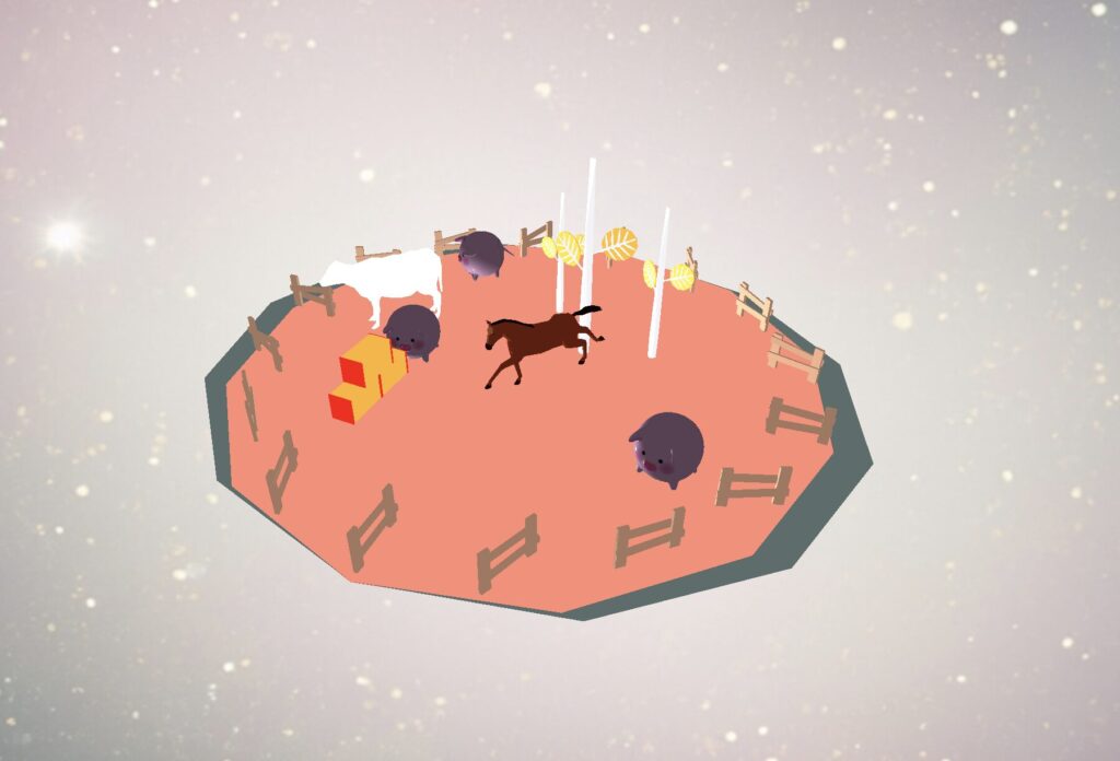 ThreeJS scene with floating circular ground, pigs, cow, trees, fences, hay, and a horse.